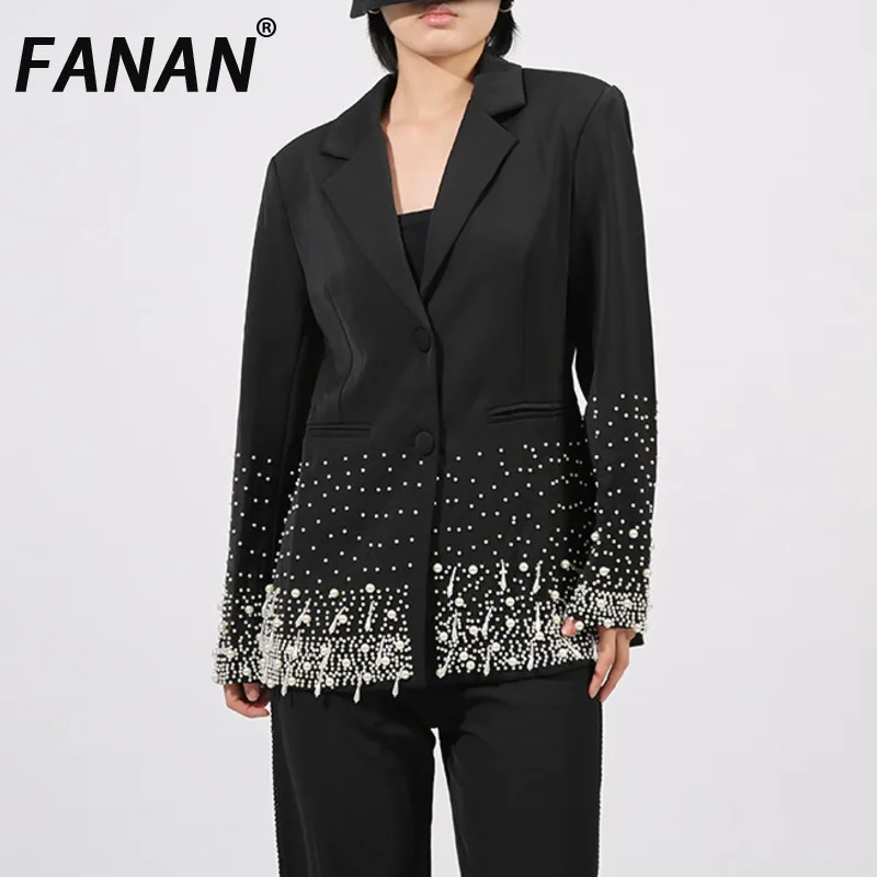 FANAN Fashion Sequin Design Gathered Waist Blazers For Women Single Button Office Lady Fit Jackets Female Coats 2025 Autumn New