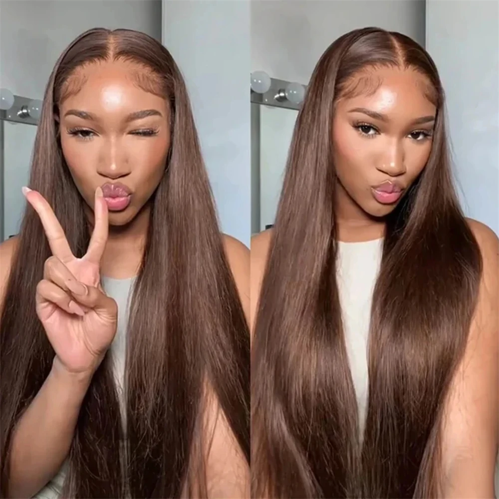 Dark Brown Straight Human Hair Bundles With Frontal 13x4 Preplucked Lace Front With 3 Bundles 100% Human Hair Weave Remy Tissage