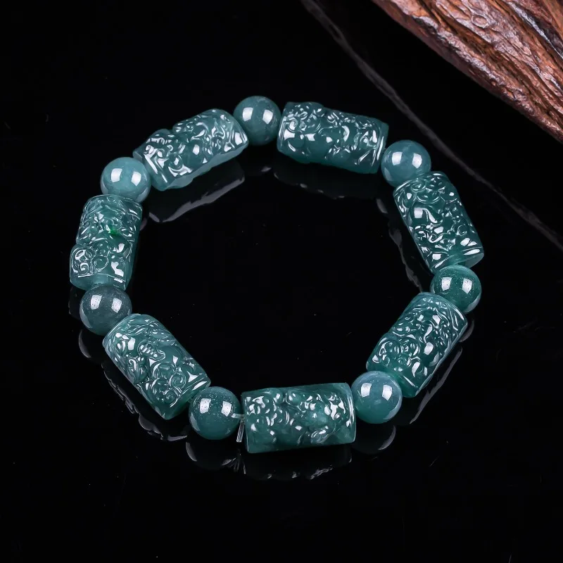 Natural Emerald Jade Blue Water Pixiu Double-sided Carved Flower Beads Bracelet Bangle Charm Jewellery Fashion Accessories Gift