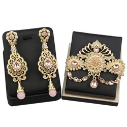 Sunspicems Gold Color Arabian Brooch Earring Sets for Women Blue Pink Crystal Caftan Brooch Pins Flower Earring Morocco Jewelry