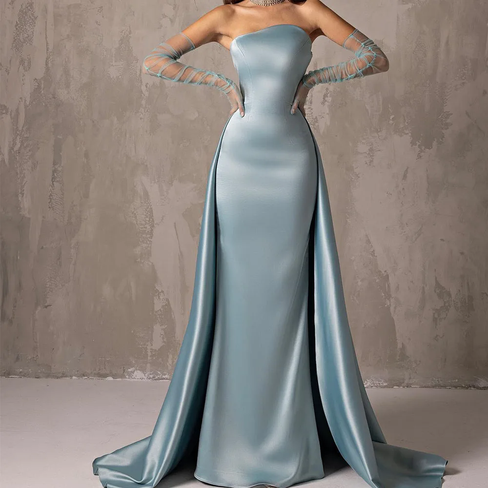 

Customized Fashion Satin Straight Detachable Sleeve Evening Dress Strapless Zipper Back Floor Length Panel Train Solid Color