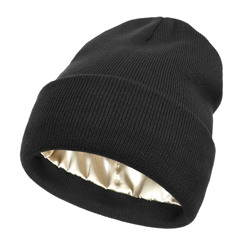 

Unisex Satin Lined Anti Static Beanie Hat For Women Winter Silk Lining Slouchy Warm Cuffed Skullies 2Layer Hair Cover Sleep Cap