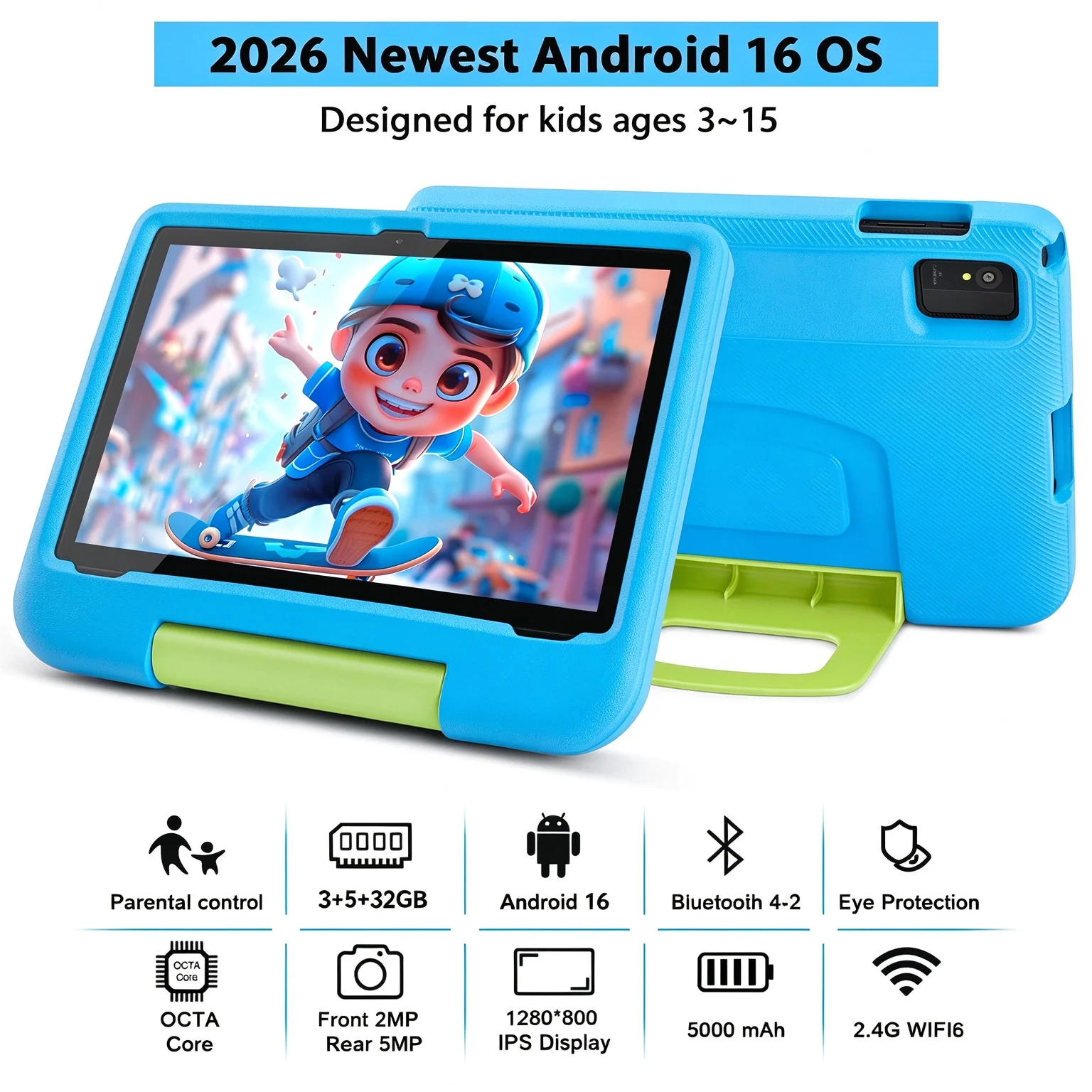 Kids Tablet, 10.1-inch Children 2026 Android 16 Tablets with Eye Protection Screen, 8GB(3+5GB) RAM 32GB Storage, 5000mAh Battery