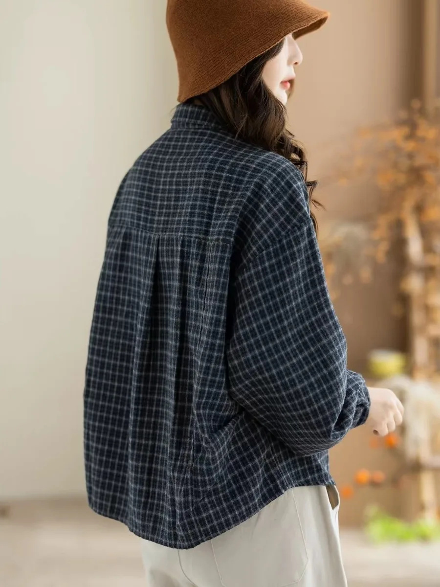 Retro Style Women's Cotton Casual Shirt Autumn 2026 New Design Tortoise Back Plaid Pattern Long Sleeve Button up Top