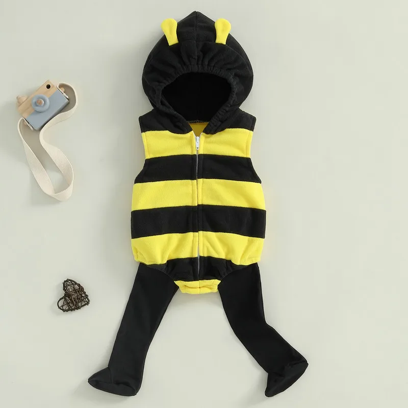 0 to 24 Months Baby Girl Boy Bee Costume Sleeveless Stripes Hooded Bodysuit Long Socks Set Infant Costume Newborn Outfit