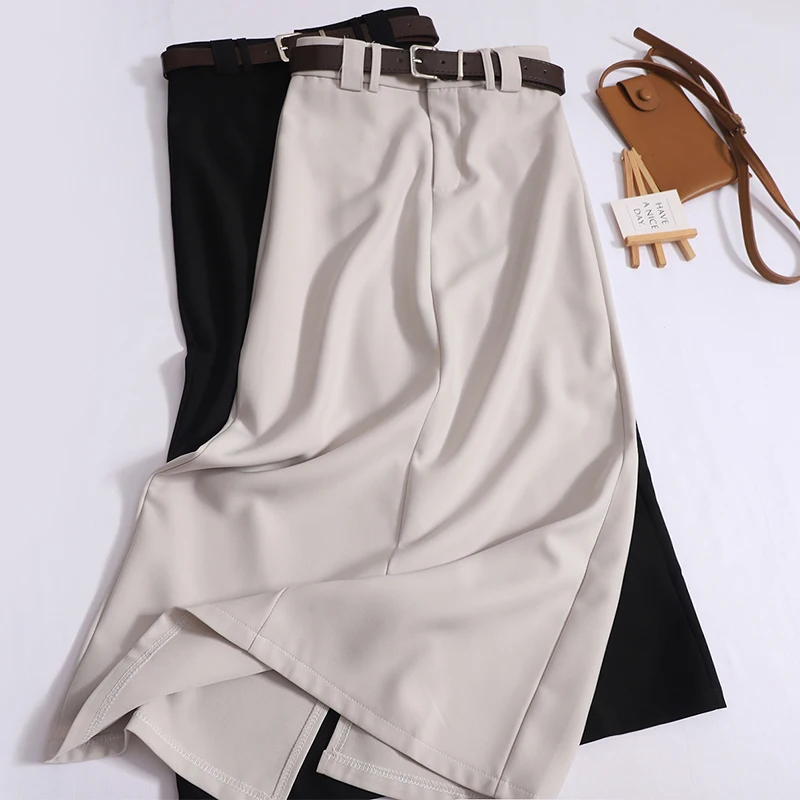 

ITOOLIN Women Vintage Side Slit Suit Skirt Autumn Casual High Waist Office A-line Skirt Chic Party Women Long Skirt With Belted