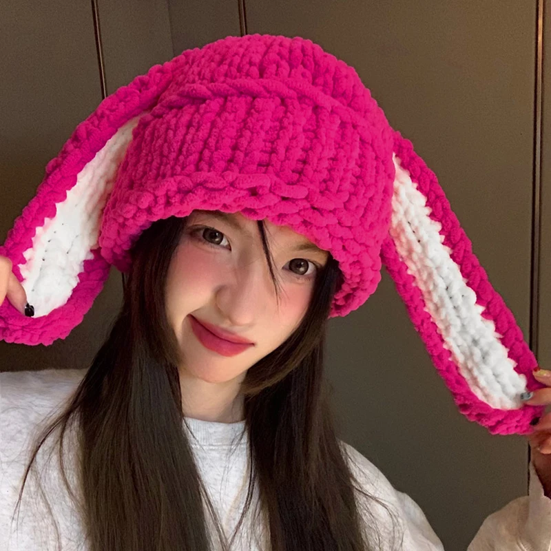 

Women Winter Warm Knit Cap Soft Cute Bunny Ear Hat Funny Windproof Beanies Cap for Teens Casual Daily Outdoor Hiking Ski Y2K 90s