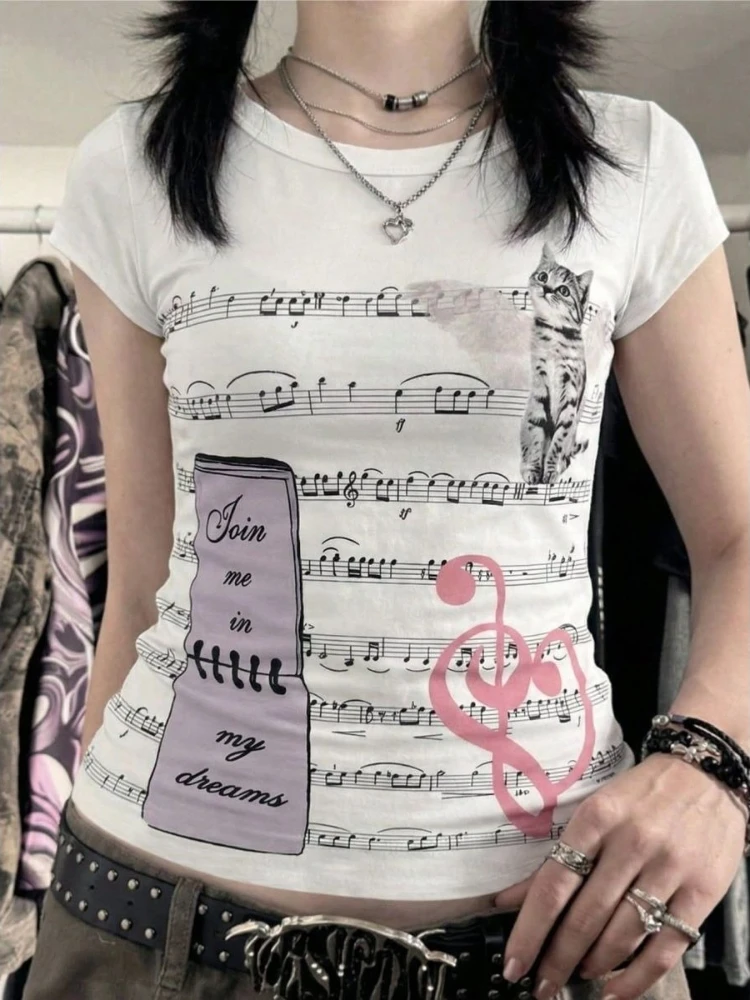 Women's Sweet Y2k Music Note Cat Print T-Shirt Summer Harajuku Vintage Crew Neck Short Sleeve Slim Fit Tops Y2k Clothing New