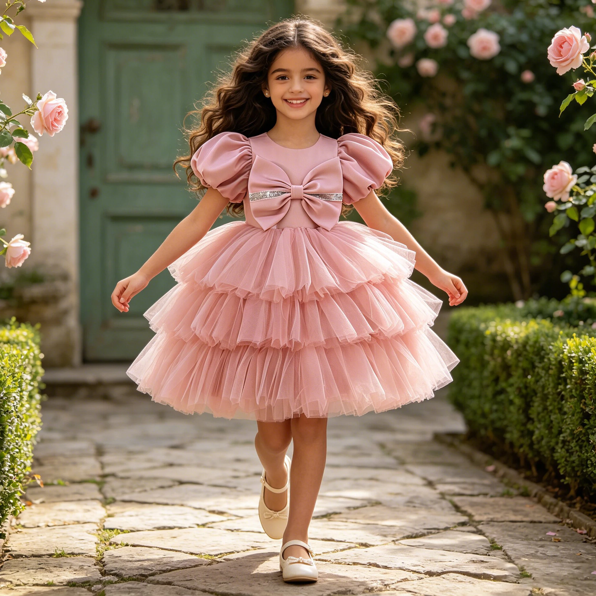 Elegante große Schleife Party Mädchen Kleid Puffärmel Pailletten Hochzeit Brautjungfern Prinzessin Ballkleider Mädchen Tüll Geburtstag Kinderkleidung