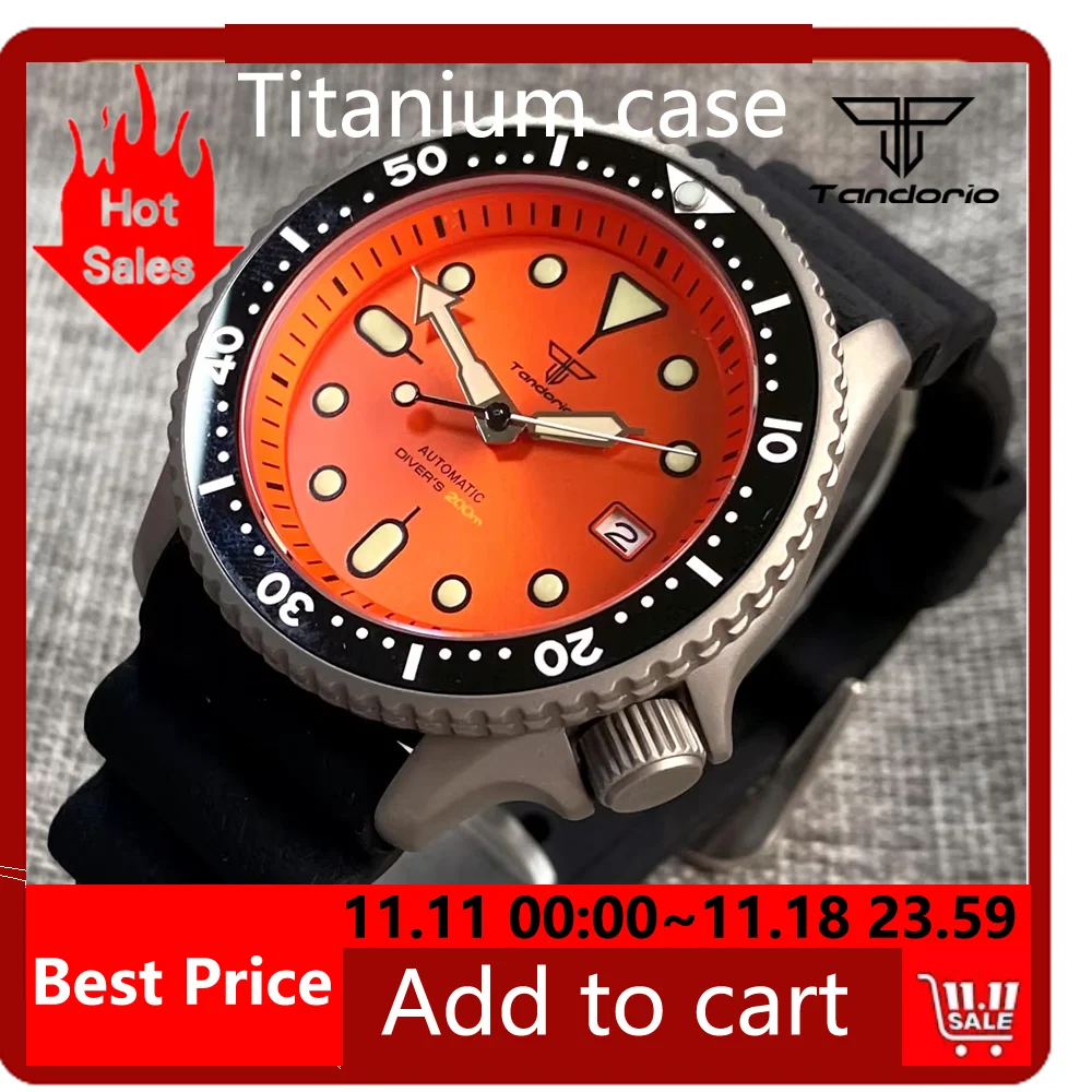 Tandorio 41MM Titanium Watch Diver 200M Waterproof NH35A Automatic Men Watch Orange Dial Luminous Sapphire Glass Rubber Strap