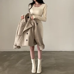 가을 겨울 캐주얼 와이드 라펠 더블 브레스티드 루즈핏 롱 슬리브 따뜻한 울 코트 스타일리쉬 출퇴근 패션 여성 아우터