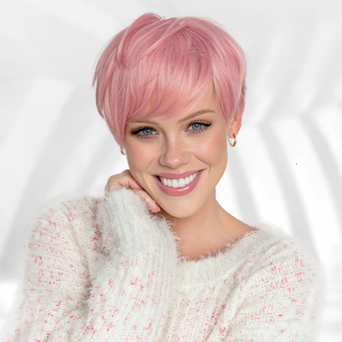 ピクシーカットウィッグ人毛ショートピンクエルフヘアカットウィッグ前髪付きレイヤードウィッグウェーブウィッグ女性用フルマシンメイドウィッグ