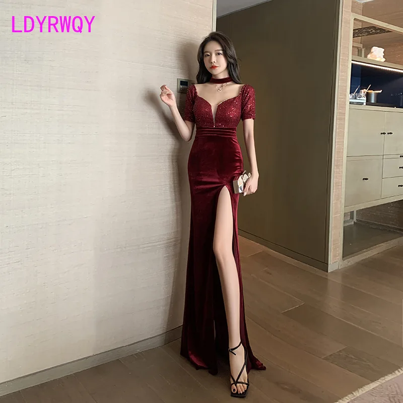 

2022 Sexy low-cut velvet beads splicing long dress temperament slim, slit mop Office Lady Zippers