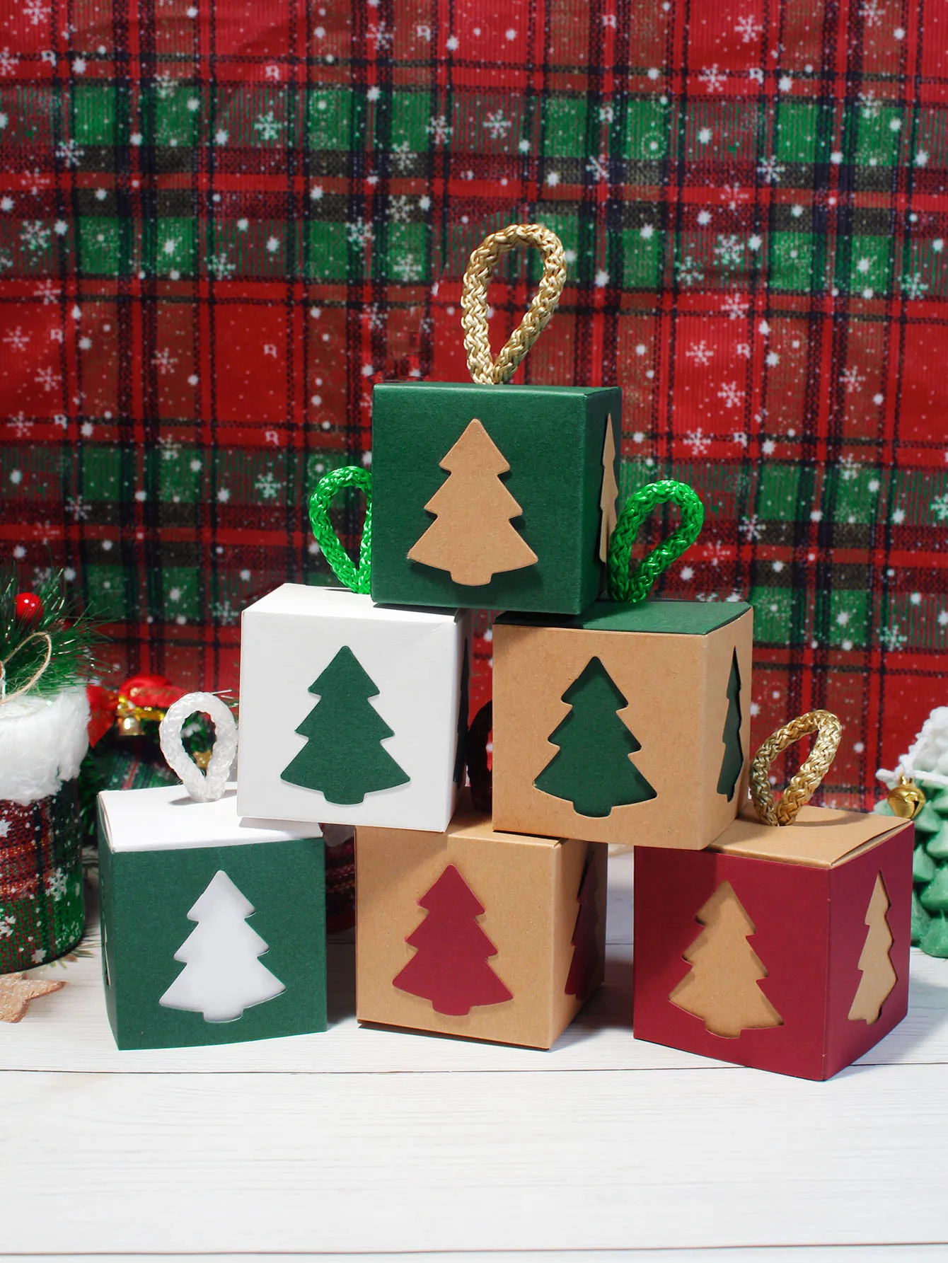 Christmas Mini Gift Boxes Holiday Favor Boxes with Christmas Tree Design in Green Red and White Perfect for Candy Chocolates