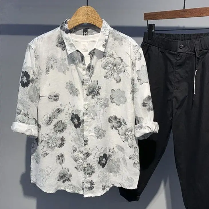 Vintage Fashion Casual Handsome Printing Cool Popularity Refreshing Loose Comfortable Skin Friendly Men's Shirts Summer 2024