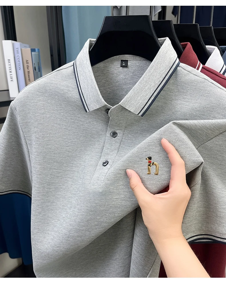 Premium Summer Men Two-Tone Striped Collar Polo Shirt, Solid Short Sleeve Soft Breathable Knit, Multiple Colors Available