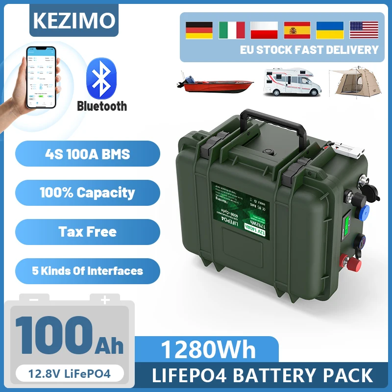 LiFePO4 12V Battery 100Ah 120Ah 140Ah 200Ah 24V Lithium Iron Phosphate Battery Built-in 4S 100A Bluetooth BMS For Boat RV No Tax