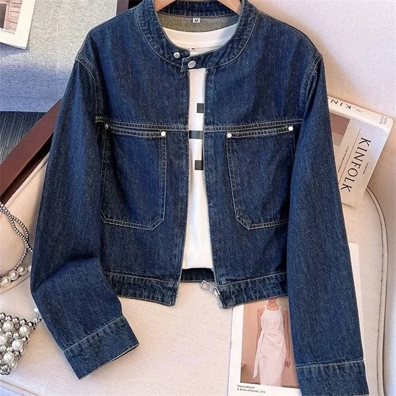 Round neck Denim Jacket For women Spring Autumn 2026 New Slim Short Cardigan Thin Jackets Female Motorcycle Zipper Outwear top