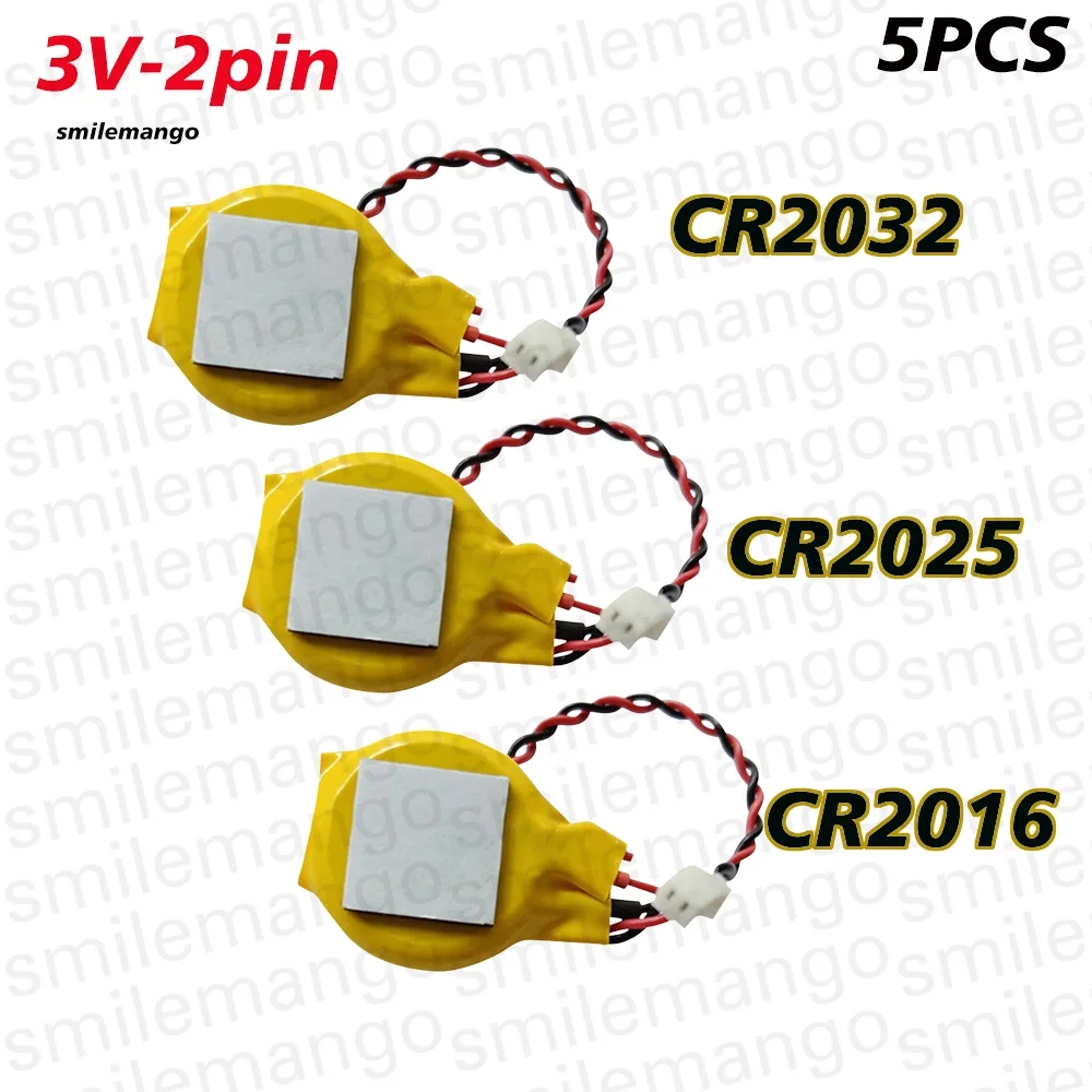 5PCS CR2032 CR2025 CR2016 3V Battery with 2Pin Wire Connector, Replaceable Laptop Motherboard BIOS CMOS Backup Battery