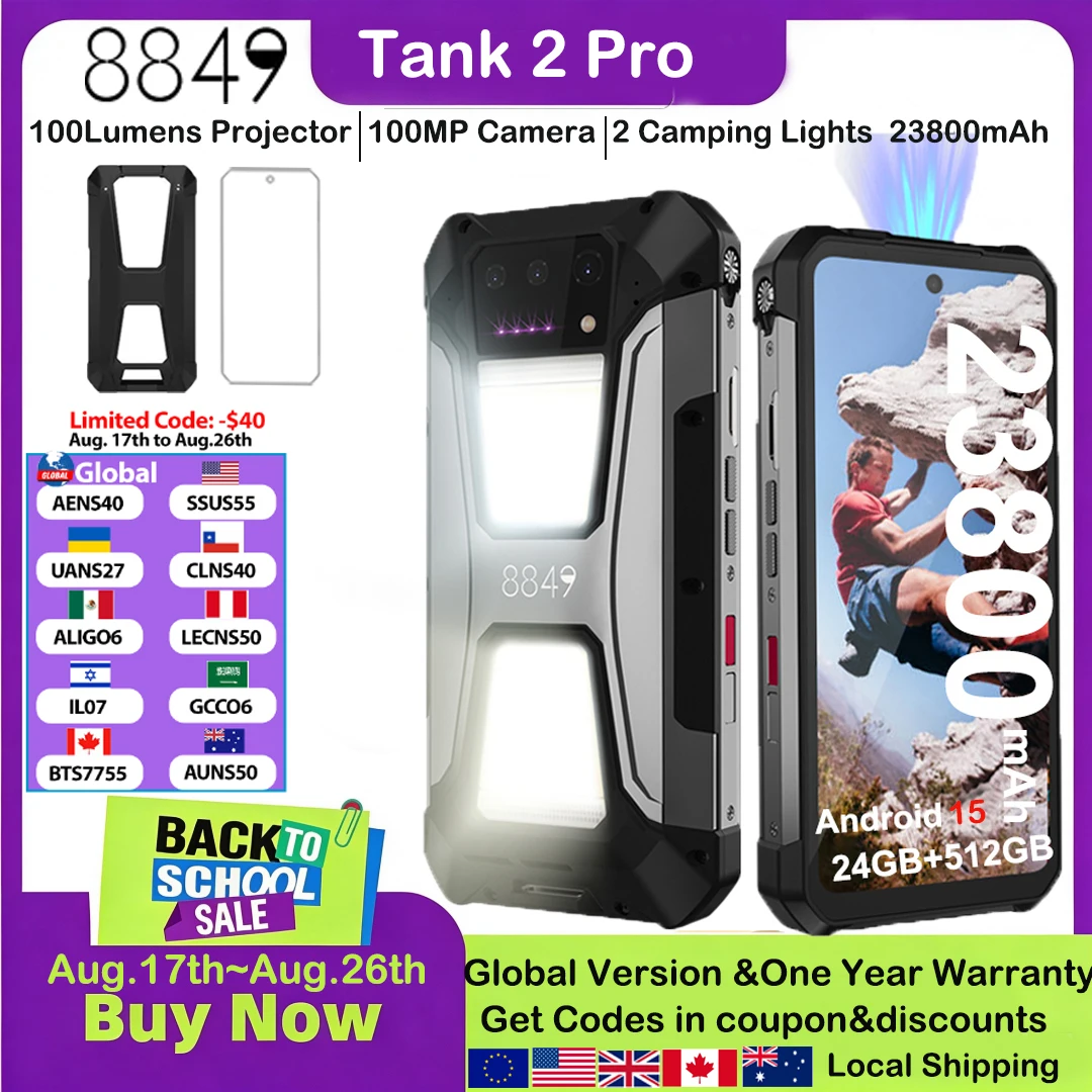 8849 Tank 2 PRO Rugged Smartphone with Projector  6.79" 2.4K Display 24GB 512GB Mobile Phone 23800mAh 120W Android 14 Phone