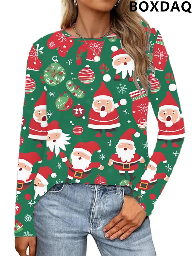 Women's Merry Christmas Long Sleeve Clothes 3D Print Funny Santa Claus Cartoon Pattern T-Shirts Crew Neck T-Shirt Fashion Tops