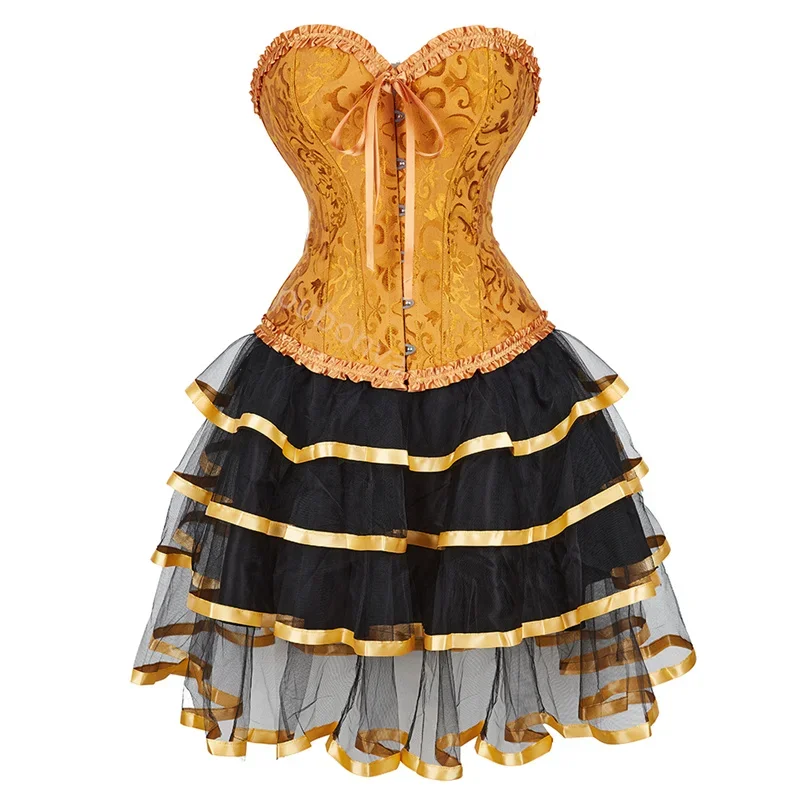 

Corset Dress Tutu Skrits Set Overbust With Lace Costume Party Sexy Burlesque Ladies Basques Outfit Plus Size Gothic Halloween