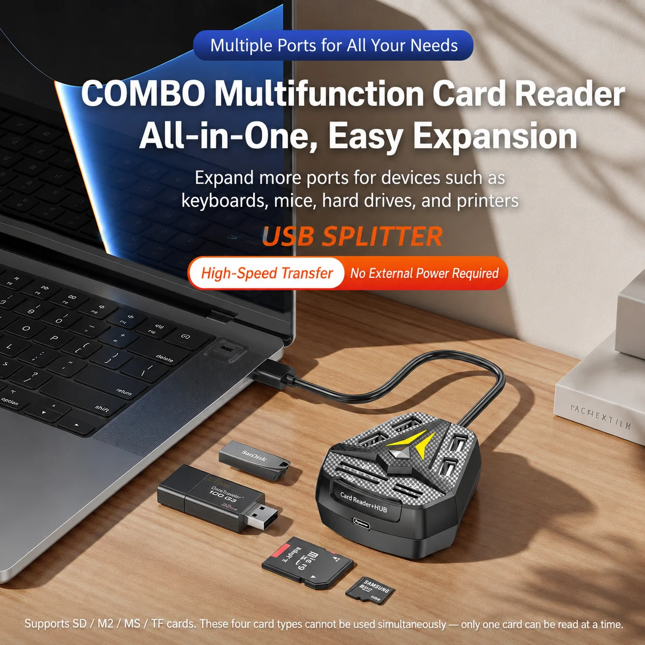 4 Port USB Hub 2.0 with Card Reader SD TF MS M2 RGB LED Light Type C Power for Laptop PC Computer MacBook Gaming Desk Setup