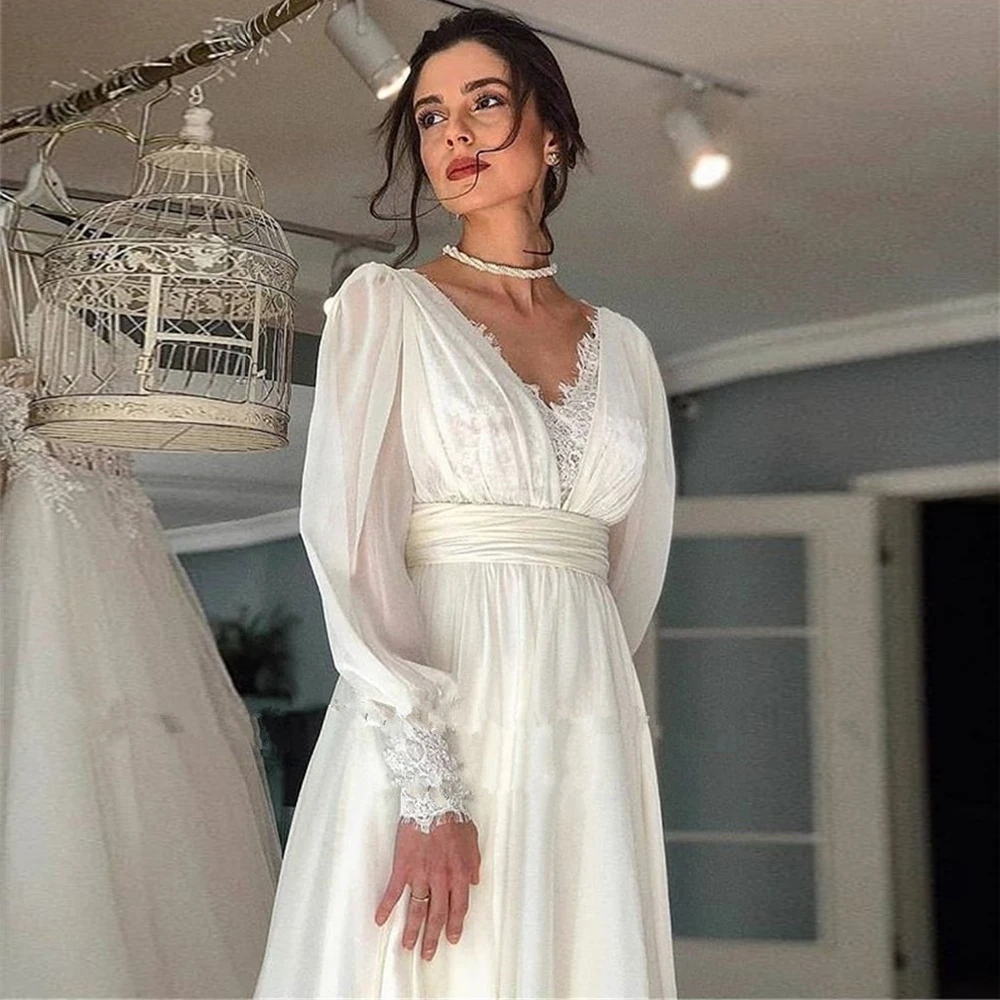 Lsyx Simple Elegant Wedding Dress For Women 2024 Civil Long Sleeves Lace Appliques Bridal Gown Backless Chiffon Robe De Mariée