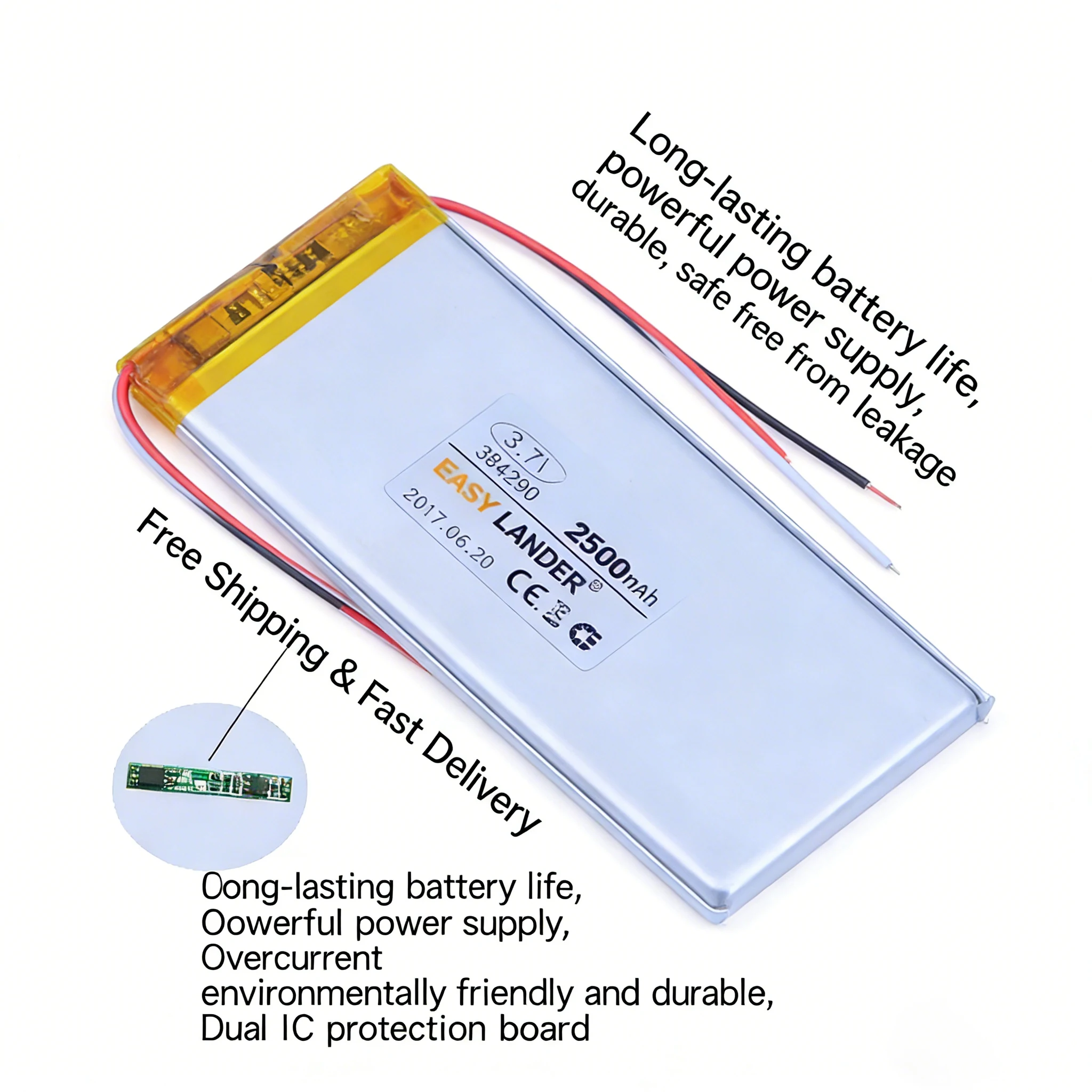 

2500mAh 3.7V 384290 Lithium Polymer Battery High Capacity Rechargeable Lipo Cell for Bluetooth Speaker GPS DVD Player
