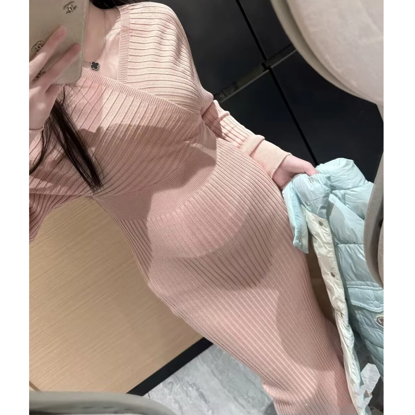 new-high-waist-maternity-dress-knitted-v-neck-women's-style-fitted-long-skirt-high-elasticity-autumn-winter-season-cotton-wool