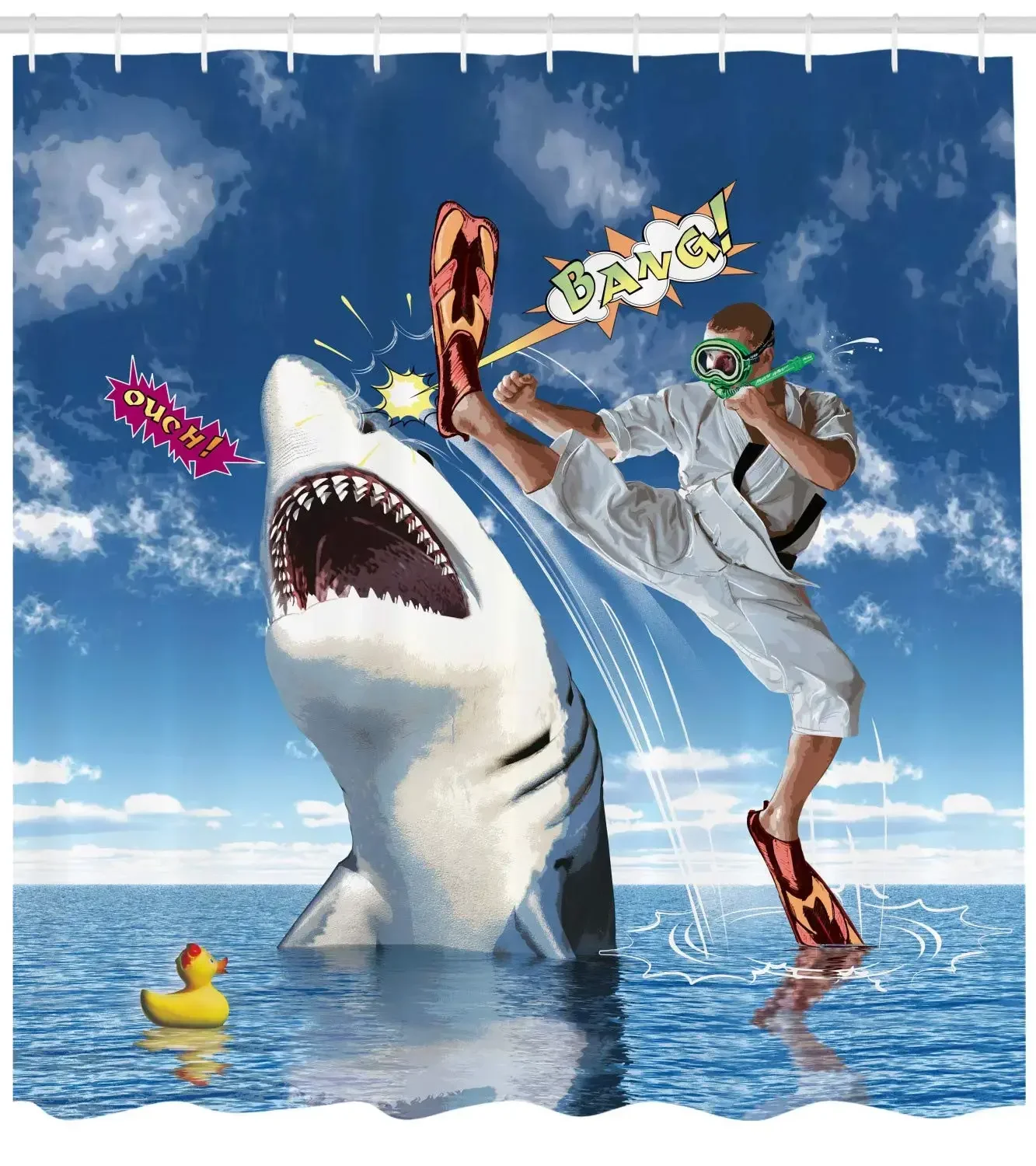 Unusual Marine Navy Life Animals Fish Sharks with Karate Kid and Comics Balloon Art Fabric Bathroom Decor