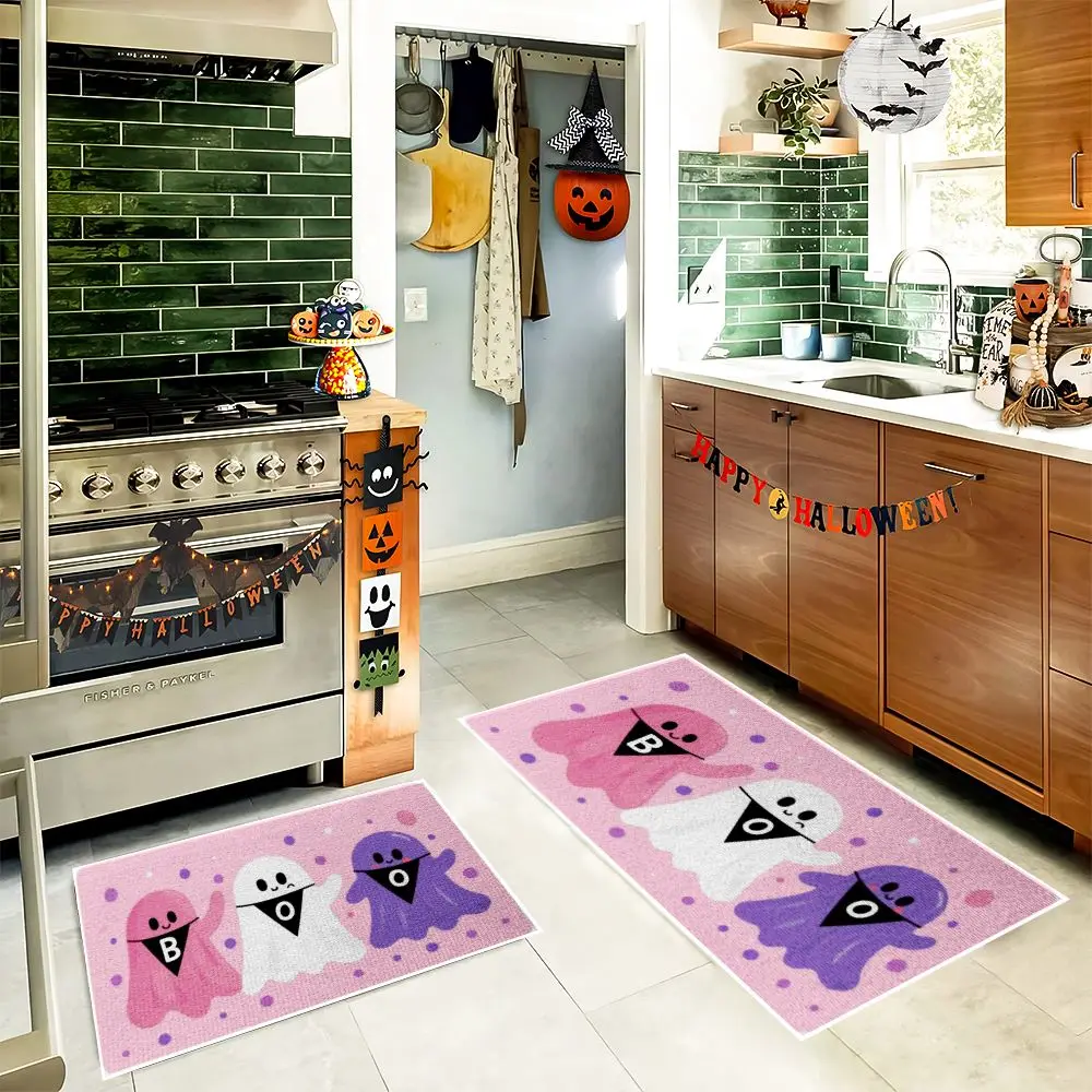 

VIKAMA Adorable Ghost Halloween Decor Kitchen Runner Two-Piece Set Absorbent, Stain-Resistant, Easy-Care Entrance Doormat