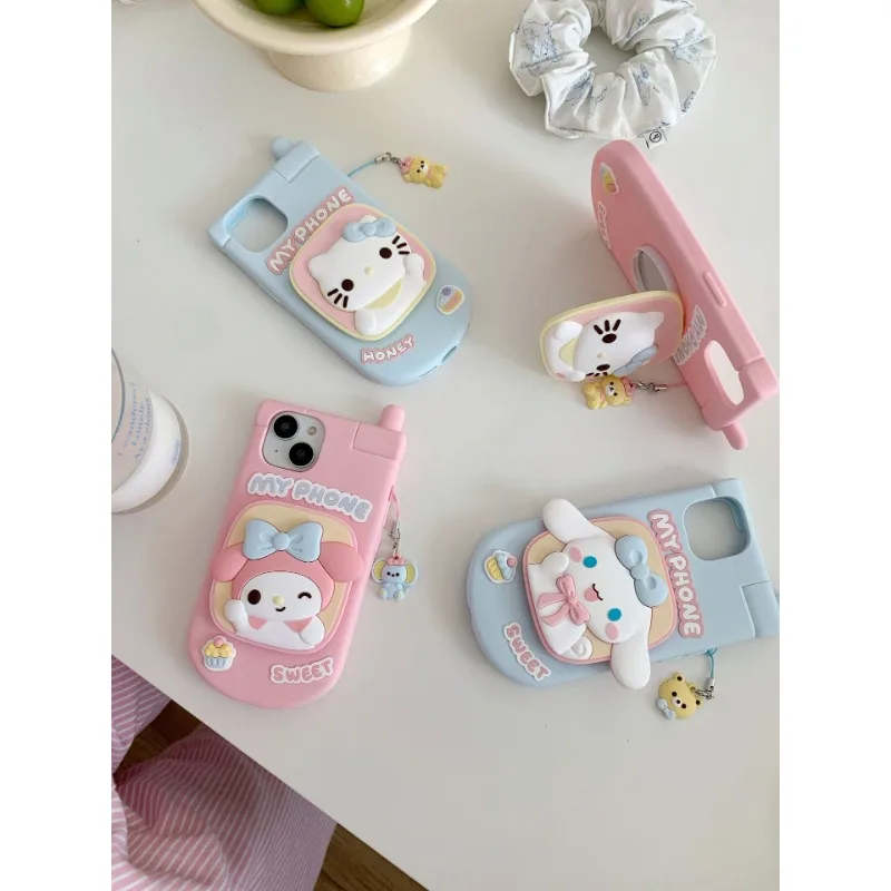 Sanrios Hello Kitty Cartoon Phone Shell with Mirror cute 3D Soft Case for Iphone 15 14 Pro Max 13 11 12 Silicone Matte Cover