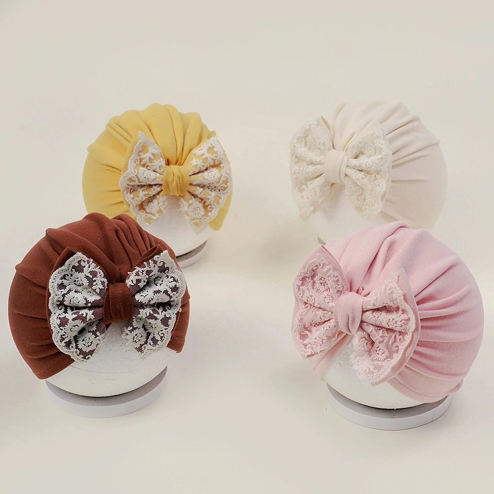 

Кружевная шапка с бантом для маленьких девочек, эластичная повязка на голову для новорожденных, шапки-тюрбаны с узлом, шапочки для новорожденных, детский головной убор для малышей