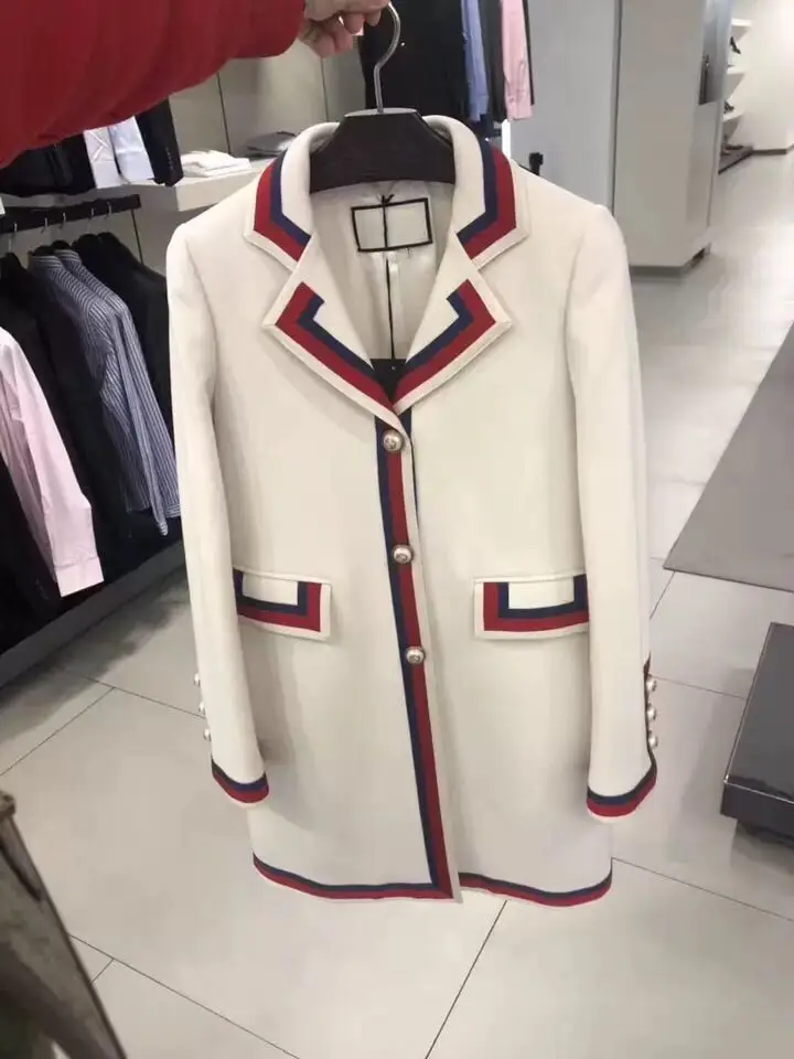 Autumn Winter New Style Color Stripe Weave Belt Retro Suit Collar Pearl Button Mid-Length Woolen Coat Jacket Women's Fashion