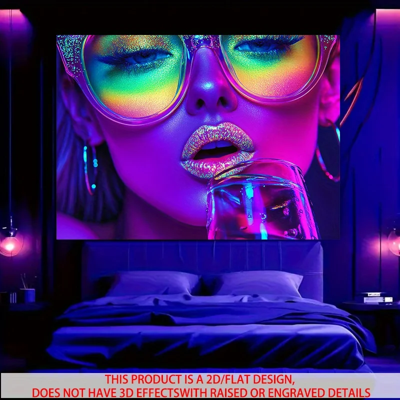 Disco Tapestry - Neon Woman Wall Art, Retro Party Decor, Colorful Sunglasses Girl Hanging, Polyester, Multiple Sizes