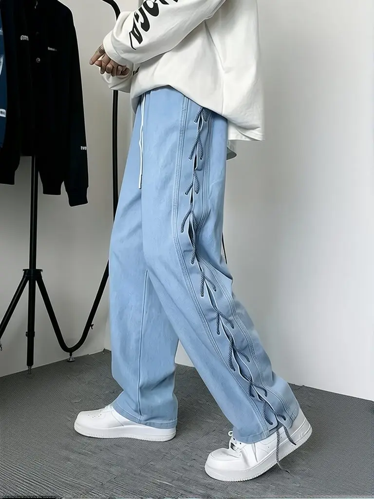 Y2k Streetwear Lace Up Baggy Jeans Men Straight Wide Loose Pants Casual Denim Pants Spring Fall Trousers Light Blue