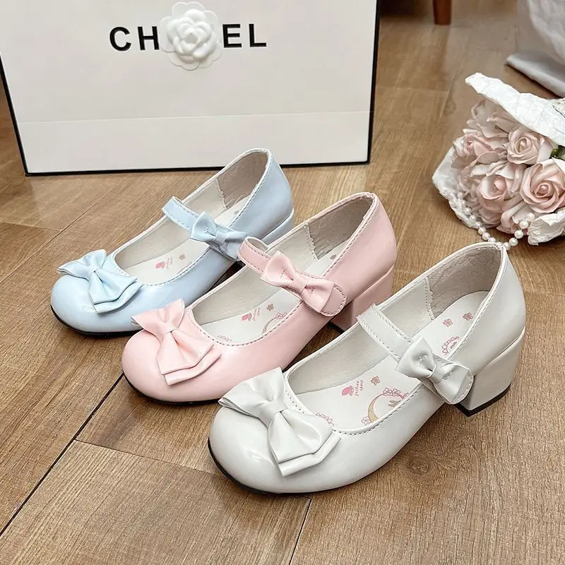 Pink Mary Jane Shoes with Bow Tie round Toe mid Heel Women's Fashion Single Shoes Comfortable Rubber Sole Anti-Slip Footwear