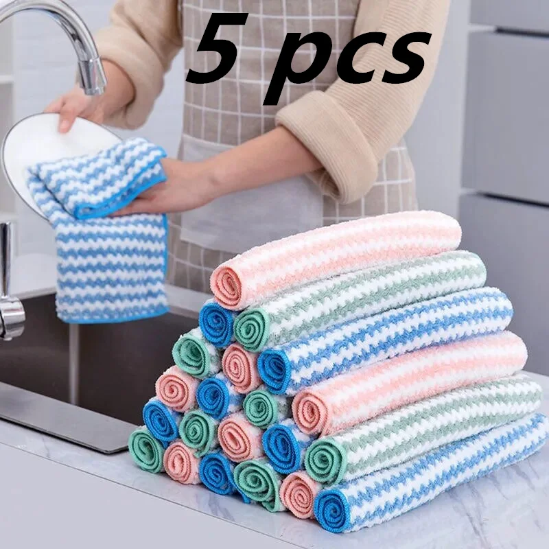 5Pcs Fleece Thickened Dish Cloth Does Not Stick To Oil Clean Kitchen Household Absorbs Water Without Shedding Scouring Pad Rag