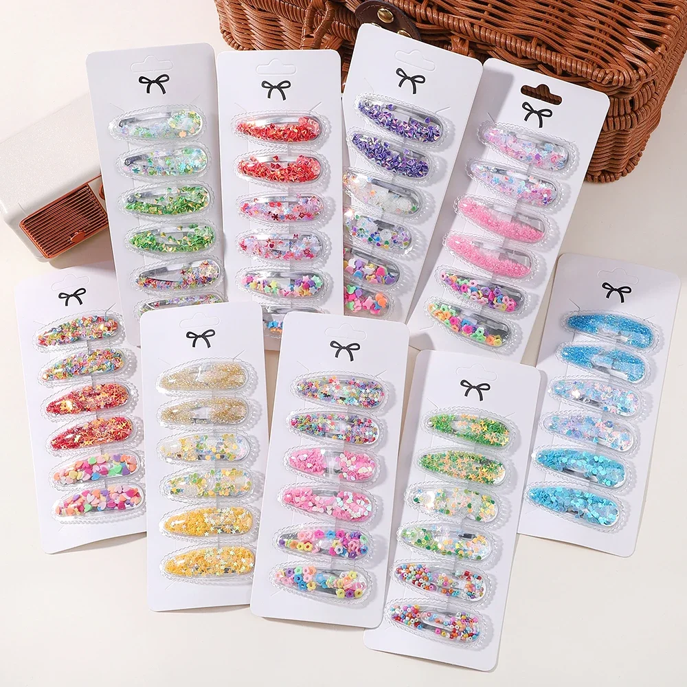 6pcs/set Girls Sequin BB Hair Barrettes Clips Cartoon Transparent Flowing Children Bangs Hair Gripes Women Headwear Accessory