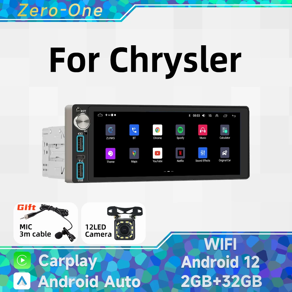 

Wireless Carplay Autoradio 1 Din Radio Android 13 Car Multimedia for Chrysler 6.86" Screen Stereo Head Unit GPS Navigation Wifi