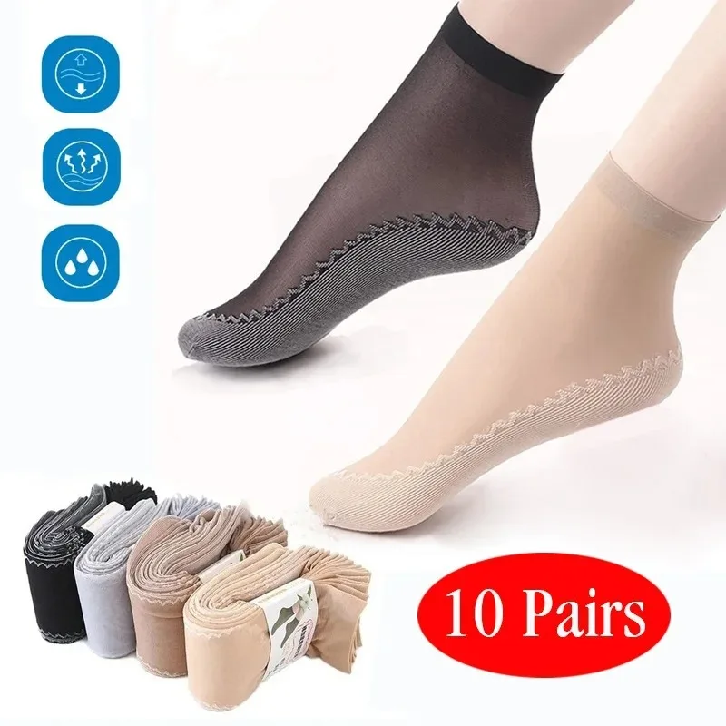 

20pcs=10 Pairs Spring Summer Women Soft Socks Thin Silk Socks Non-Slip Bottom Splice Fashion Transparent Ladies Breathable Sock