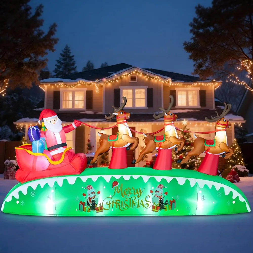 

12FT Long Christmas Inflatables Outdoor Decorations, Giant Blow Up Yard Decorations Santa Sleigh and Reindeer with Built-in Supe