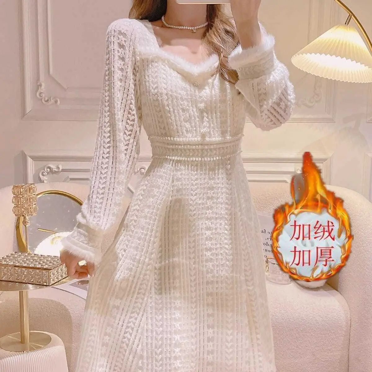 Outono inverno estilo francês vestido de fadas para mulheres elegante renda fino ajuste vestido longo camada interna princesa estética deusa olhar