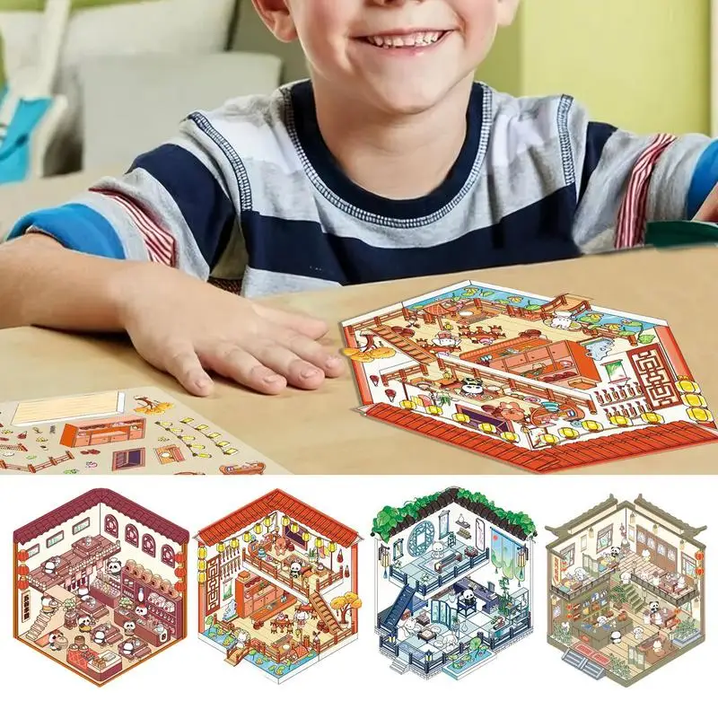 Sticker Scene Handmade House Stickers Cartoon Scene Stickers Waterproof House Stickers Educational Toy For Thanksgiving