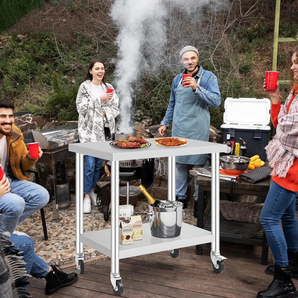 طاولة من الفولاذ المقاوم للصدأ مع عجلات، طاولة إعداد الطعام للمطبخ، طاولة معدنية تجارية شديدة التحمل مع قاعدة سفلية قابلة للتعديل