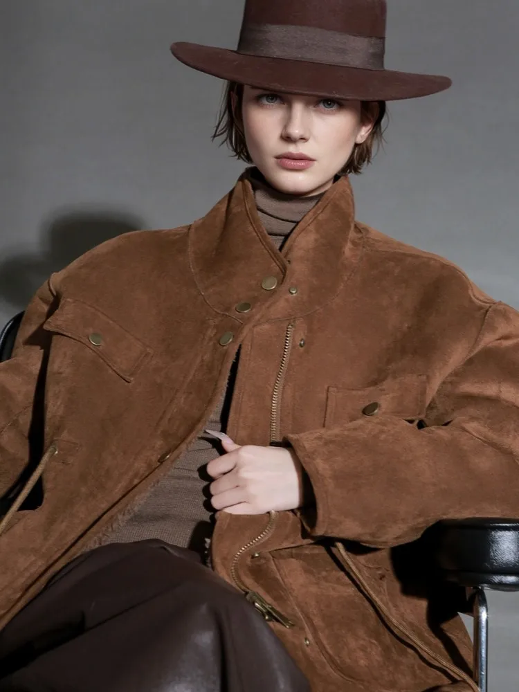 Autumn Winter Women Reversible Stand Collar Jacket Real Wool Inner Coat Multi Pocket Faux Leather Casual Outerwear Zip Jackets