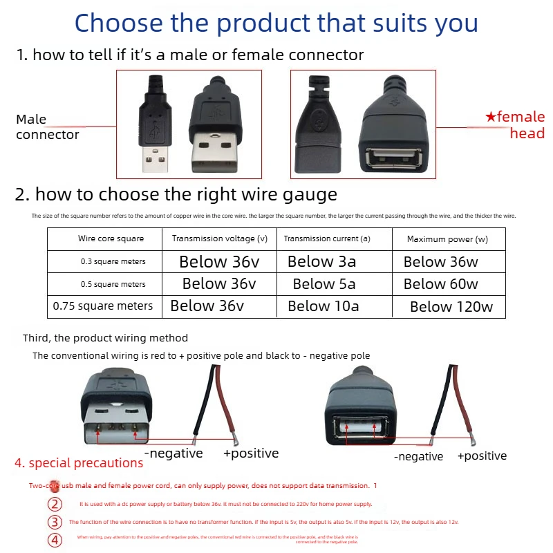 Copper USB Male Head / Female  Head Two Core Charging Cable two Core Data Cable  0.3 / 0.5 / 0.7square meters USB Connection