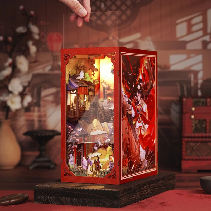 DIY Wooden Book Nook Kit – Chinese Style "Legend of Mulan" Bookshelf Insert with LED Lighting and Dust Cover 4