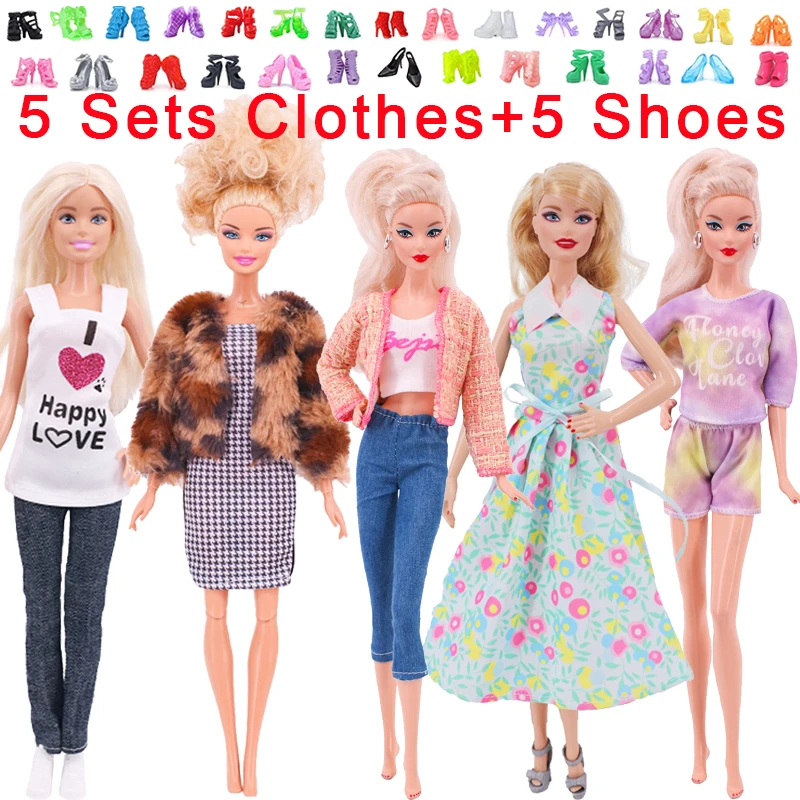 10Pcs/Set=5 Handmade Clothing Suit + 5 Pairs Shoes For Barbie Dress Doll Clothes 1/6 BJD Blyth Toys for Girls